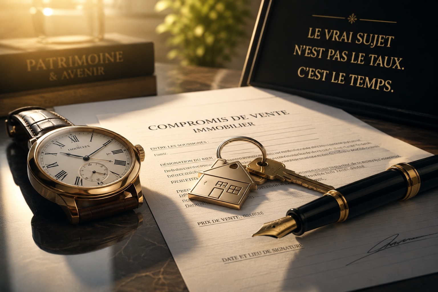 Montre, clé de maison et compromis de vente illustrant l'importance du timing dans un achat immobilier en 2026.